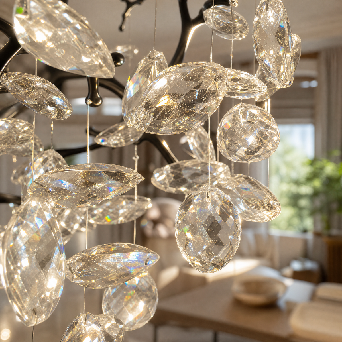 A black metal branch-style chandelier featuring cascading clear teardrop crystals suspended from organic limb-like frames.