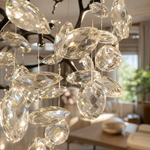 A black metal branch-style chandelier featuring cascading clear teardrop crystals suspended from organic limb-like frames.