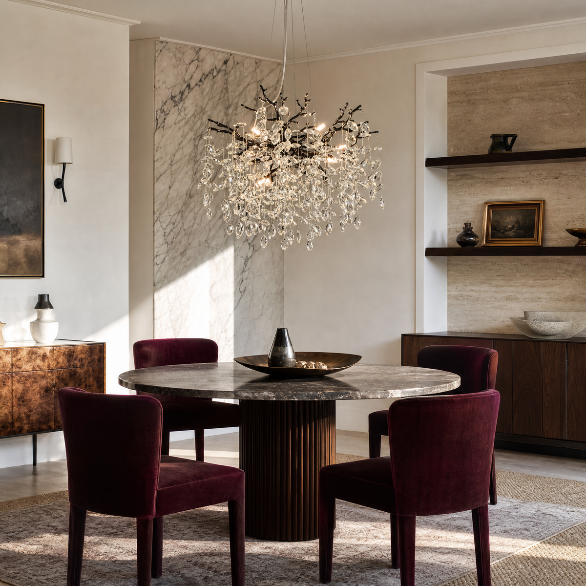 A black metal branch-style chandelier featuring cascading clear teardrop crystals suspended from organic limb-like frames.