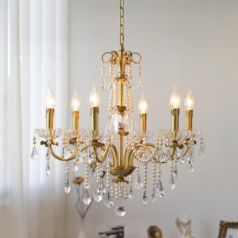 Brass & Clear Crystal Pearl Chandelier with Elegant Pearl Accents