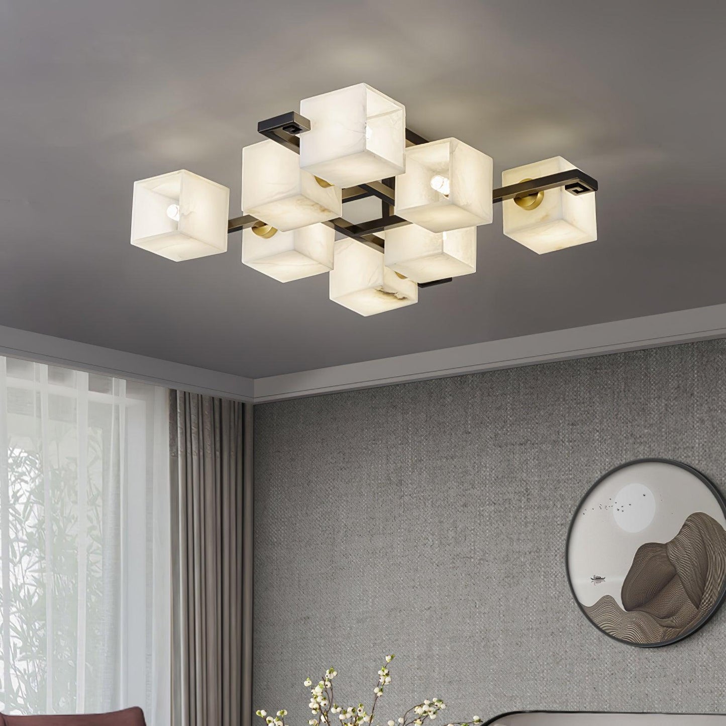 Cubist Alabaster Cluster Ceiling Lamp Modern Black & White 4-Head Light