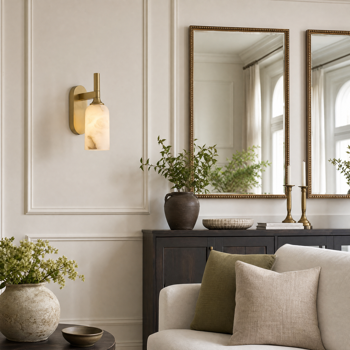 Cylinder Arm Single Goblet Alabaster Brass Wall Sconce