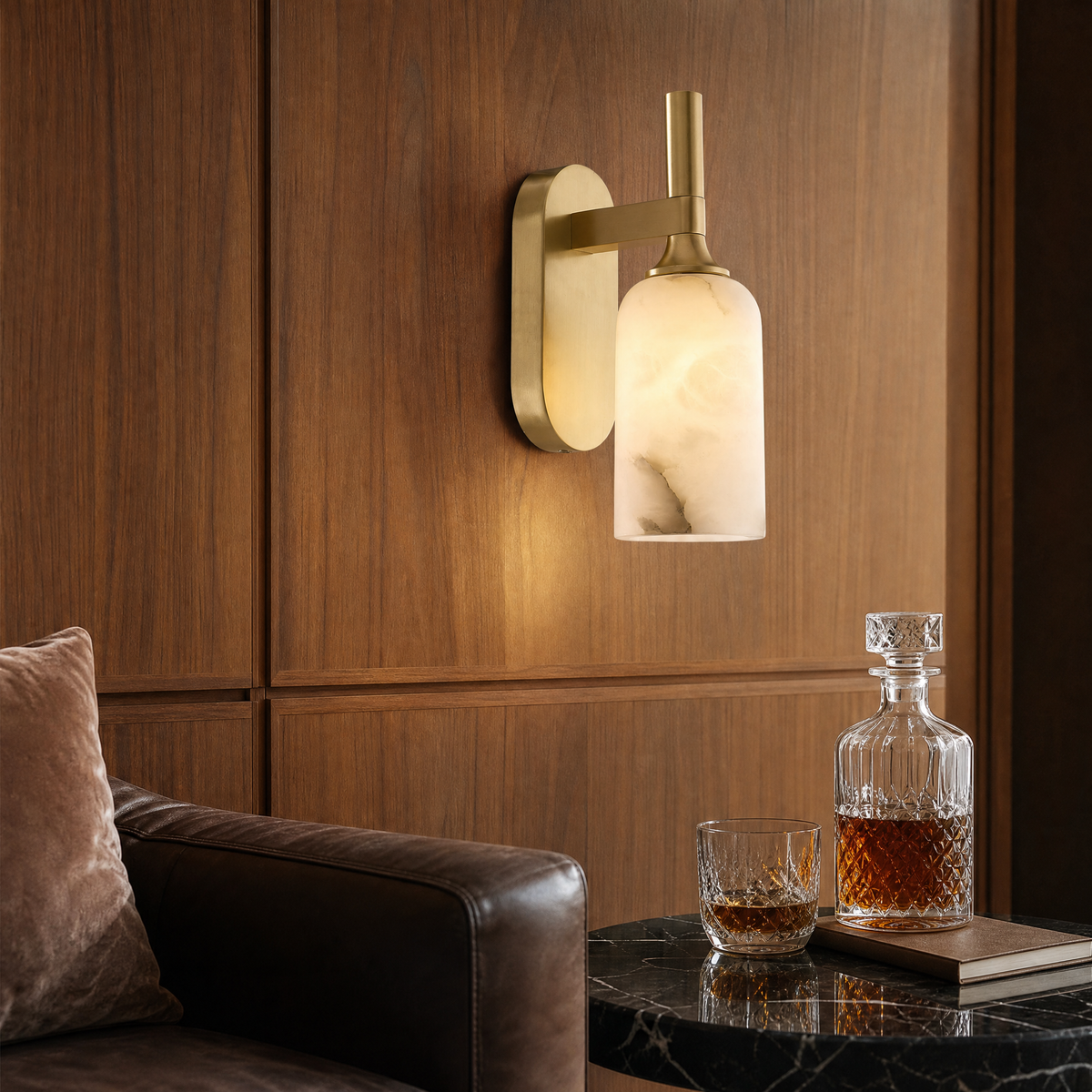 Cylinder Arm Single Goblet Alabaster Brass Wall Sconce