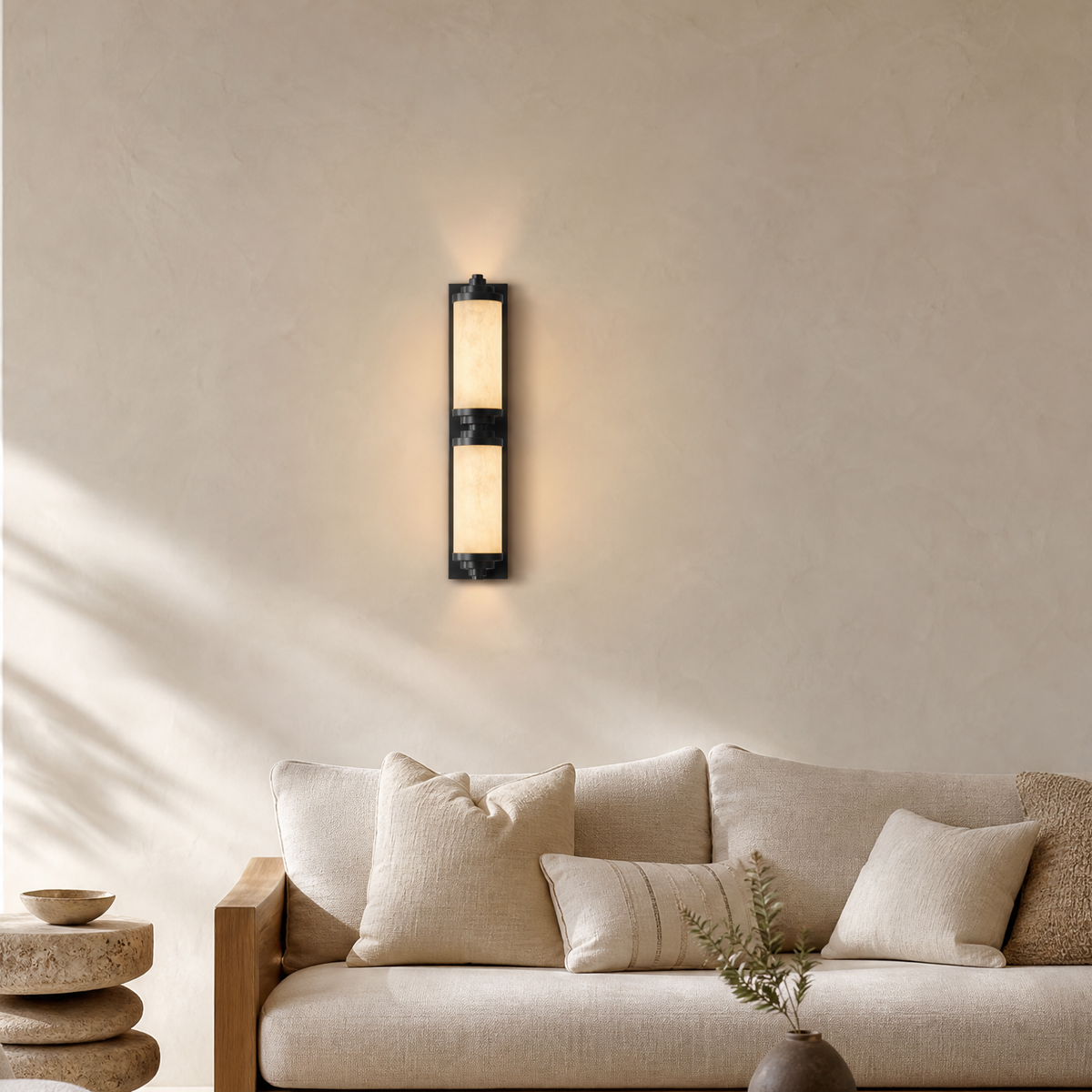 Cylinder Arm Stacked Alabaster Black Wall Sconce