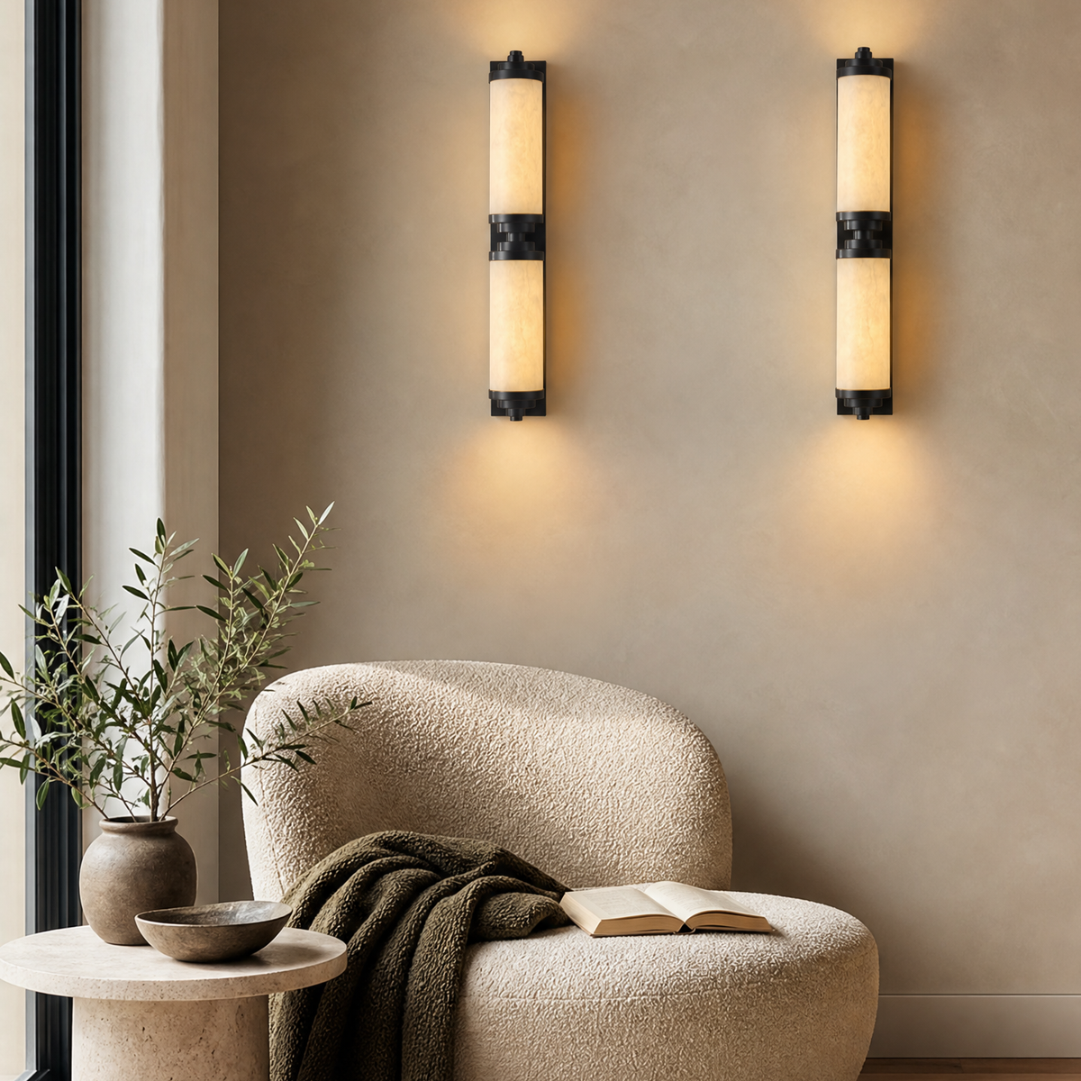 Cylinder Arm Stacked Alabaster Black Wall Sconce
