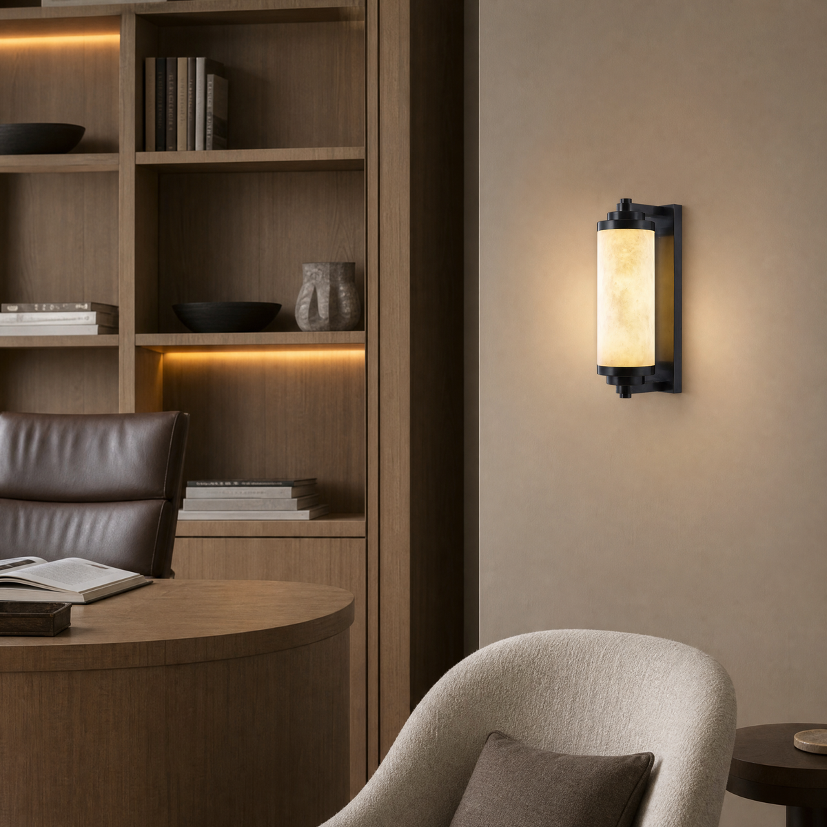 Cylinder Arm Stacked Alabaster Black Wall Sconce