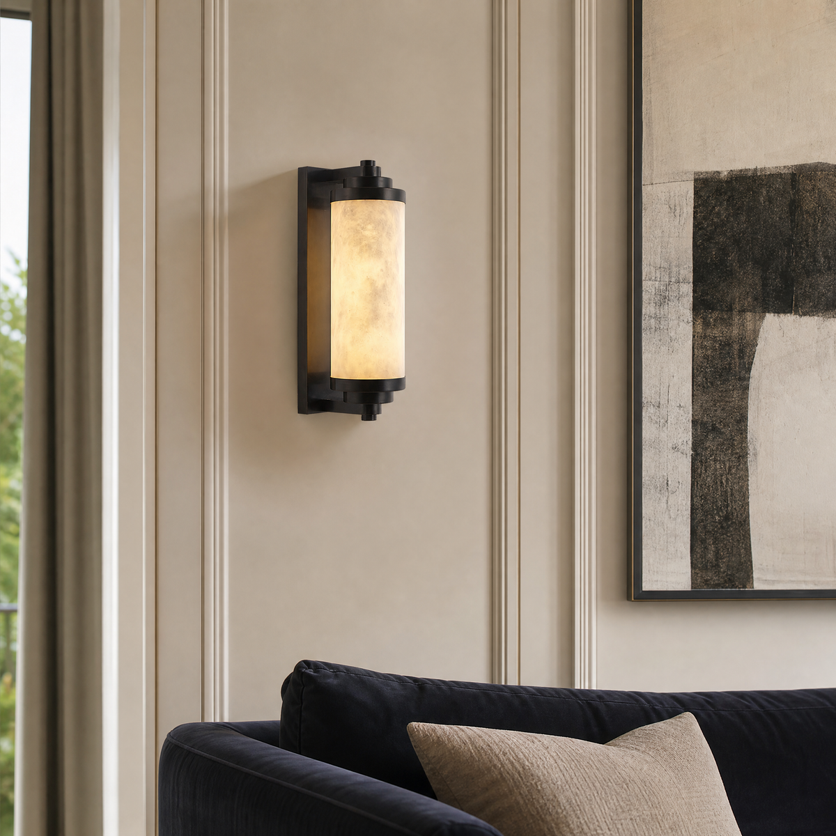 Cylinder Arm Stacked Alabaster Black Wall Sconce