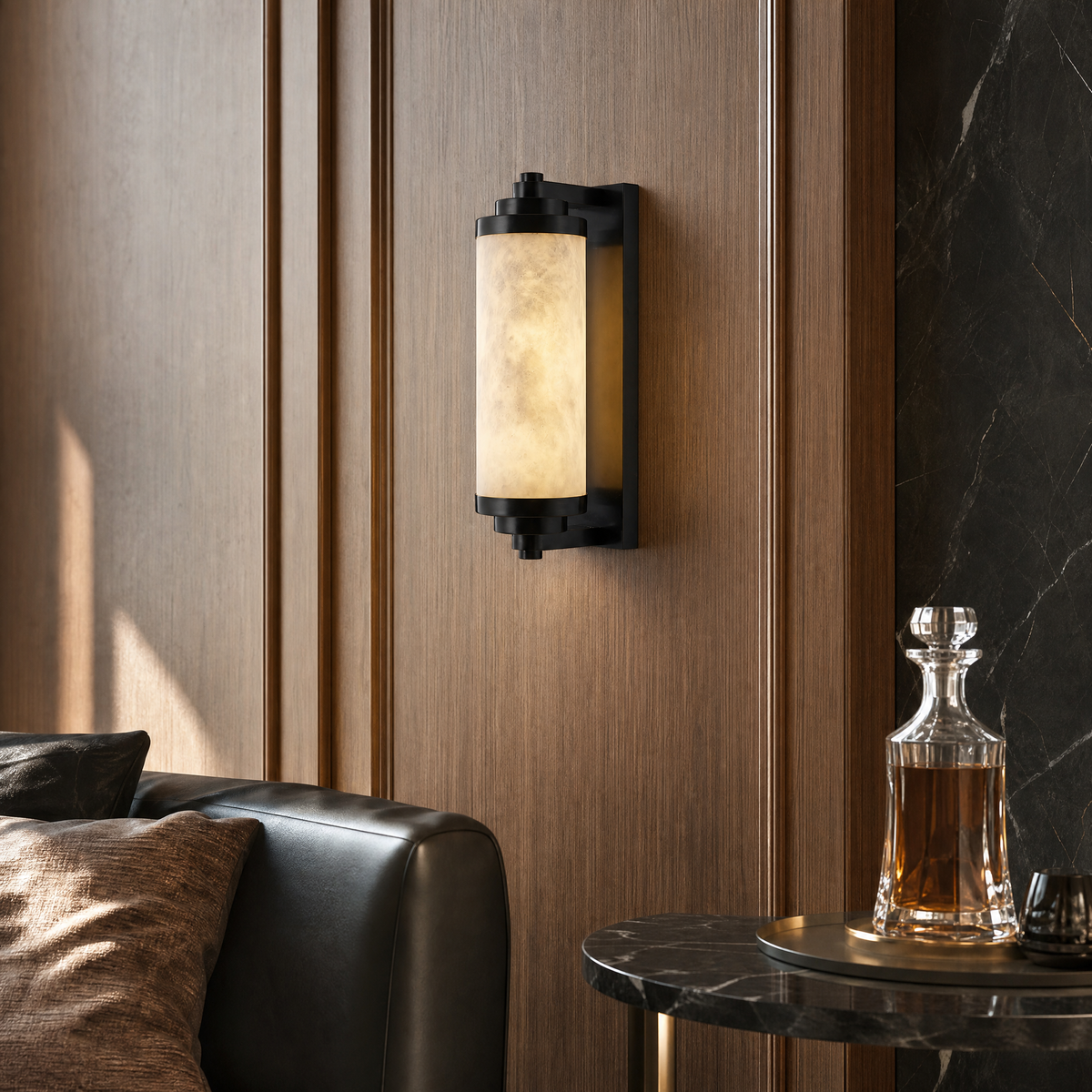 Cylinder Arm Stacked Alabaster Black Wall Sconce