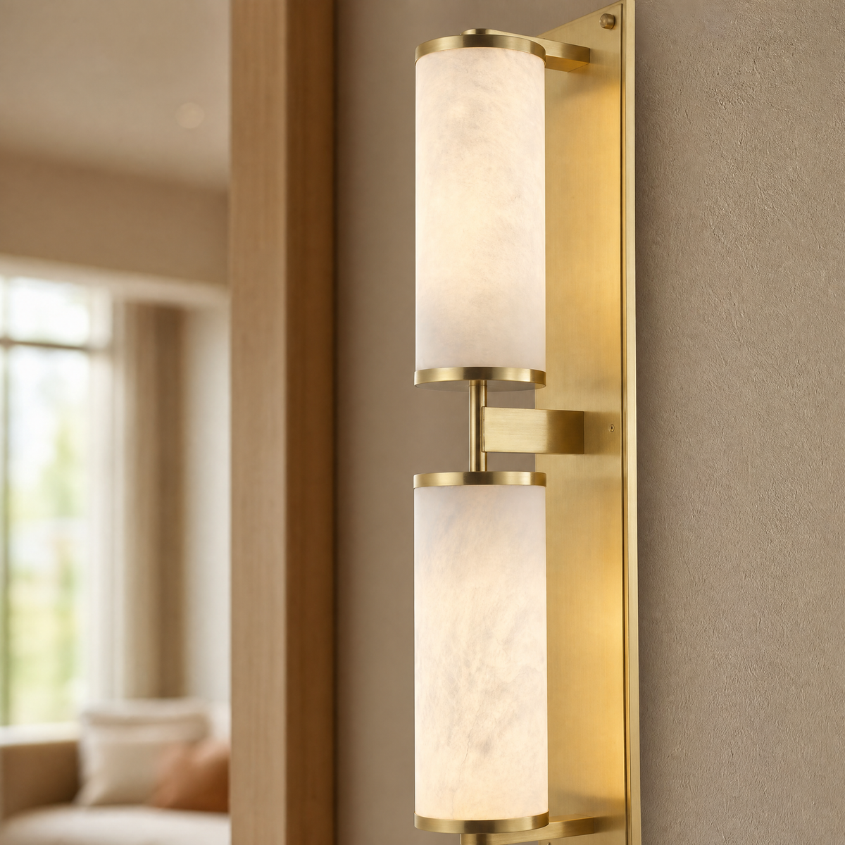 Cylinder Arm Stacked Alabaster Black Wall Sconce