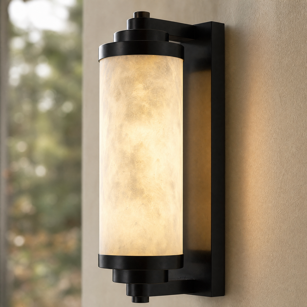 Cylinder Arm Stacked Alabaster Black Wall Sconce