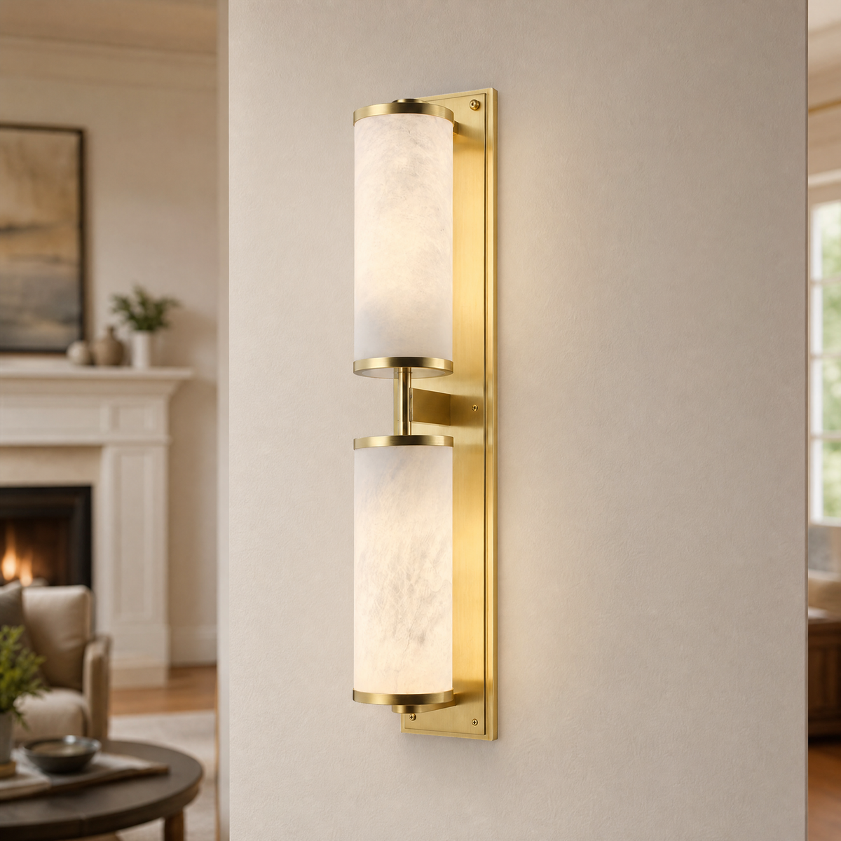 Cylinder Arm Stacked Alabaster Black Wall Sconce