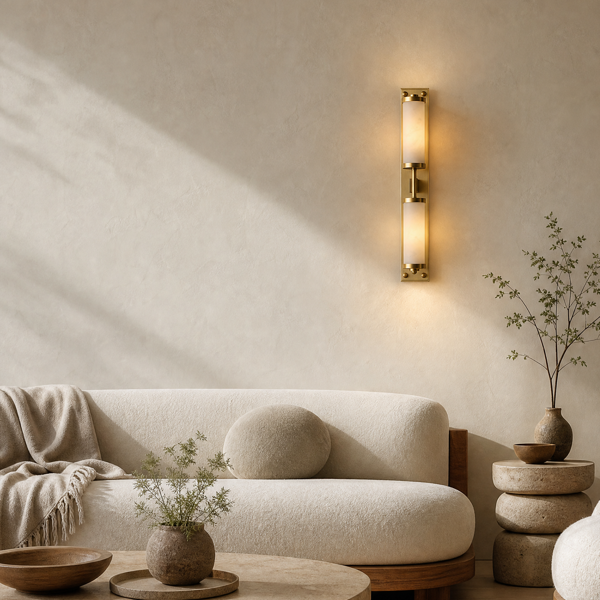Cylinder Arm Tall Stacked Alabaster Brass Wall Sconce