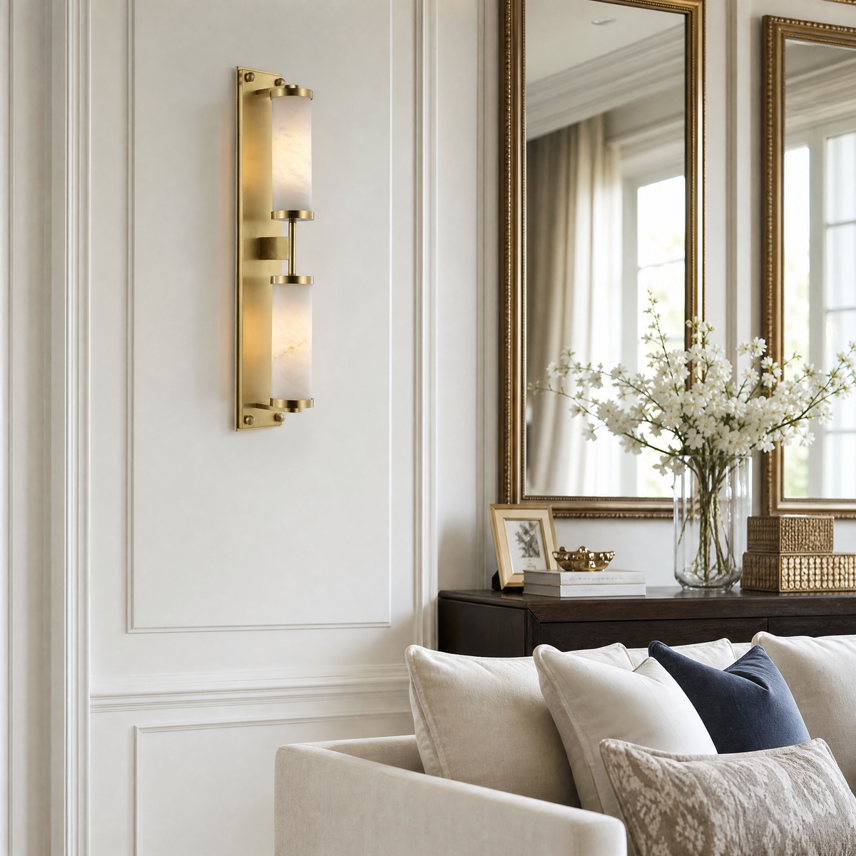 Cylinder Arm Tall Stacked Alabaster Brass Wall Sconce