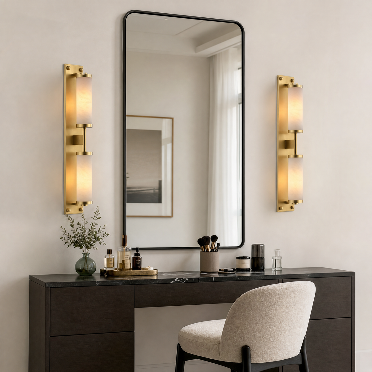 Cylinder Arm Tall Stacked Alabaster Brass Wall Sconce