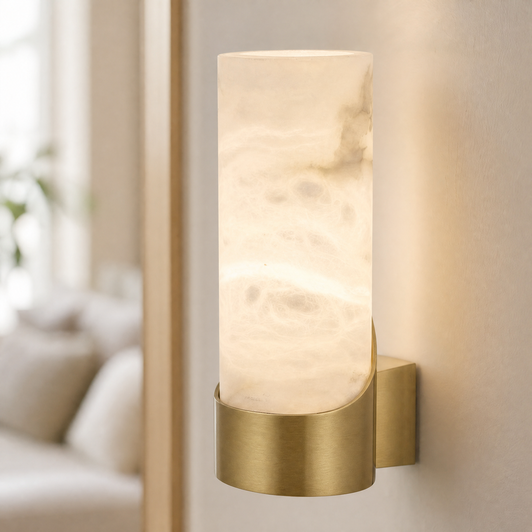 Cylinder Wrap Alabaster Brass Tube Wall Sconce