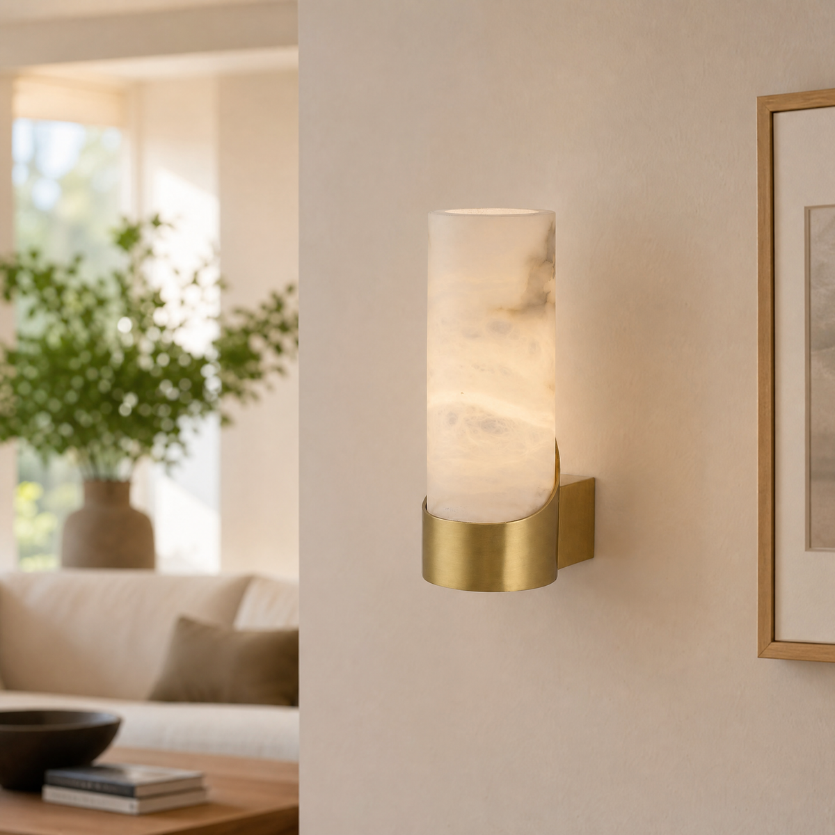 Cylinder Wrap Alabaster Brass Tube Wall Sconce