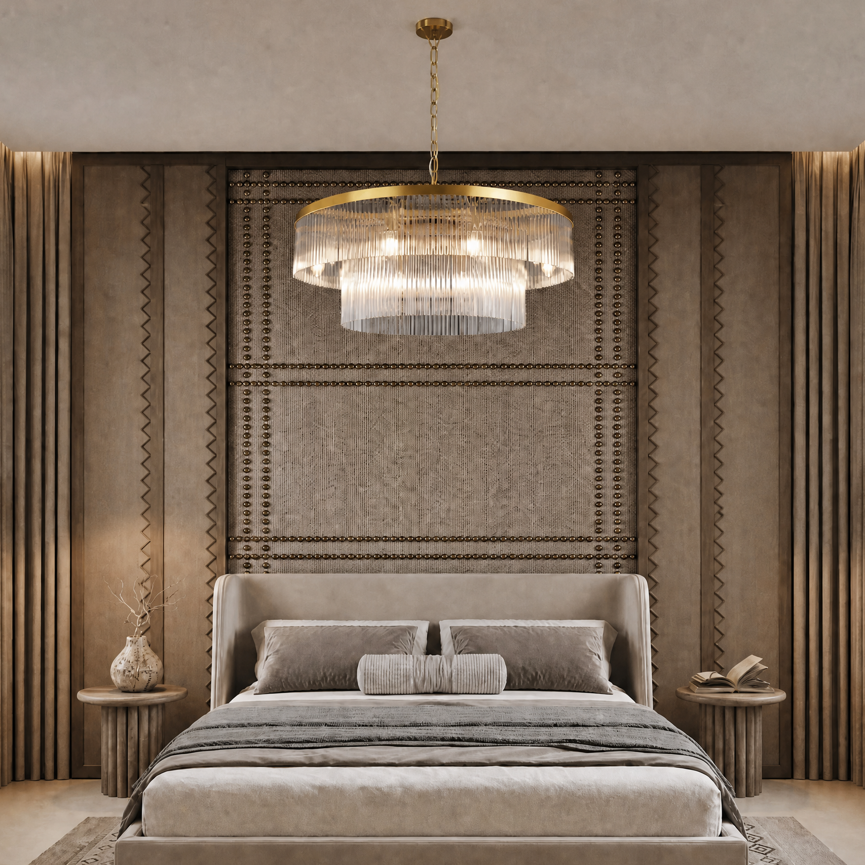 D800 Double-Layer Striped Column Round Pendant - Gold