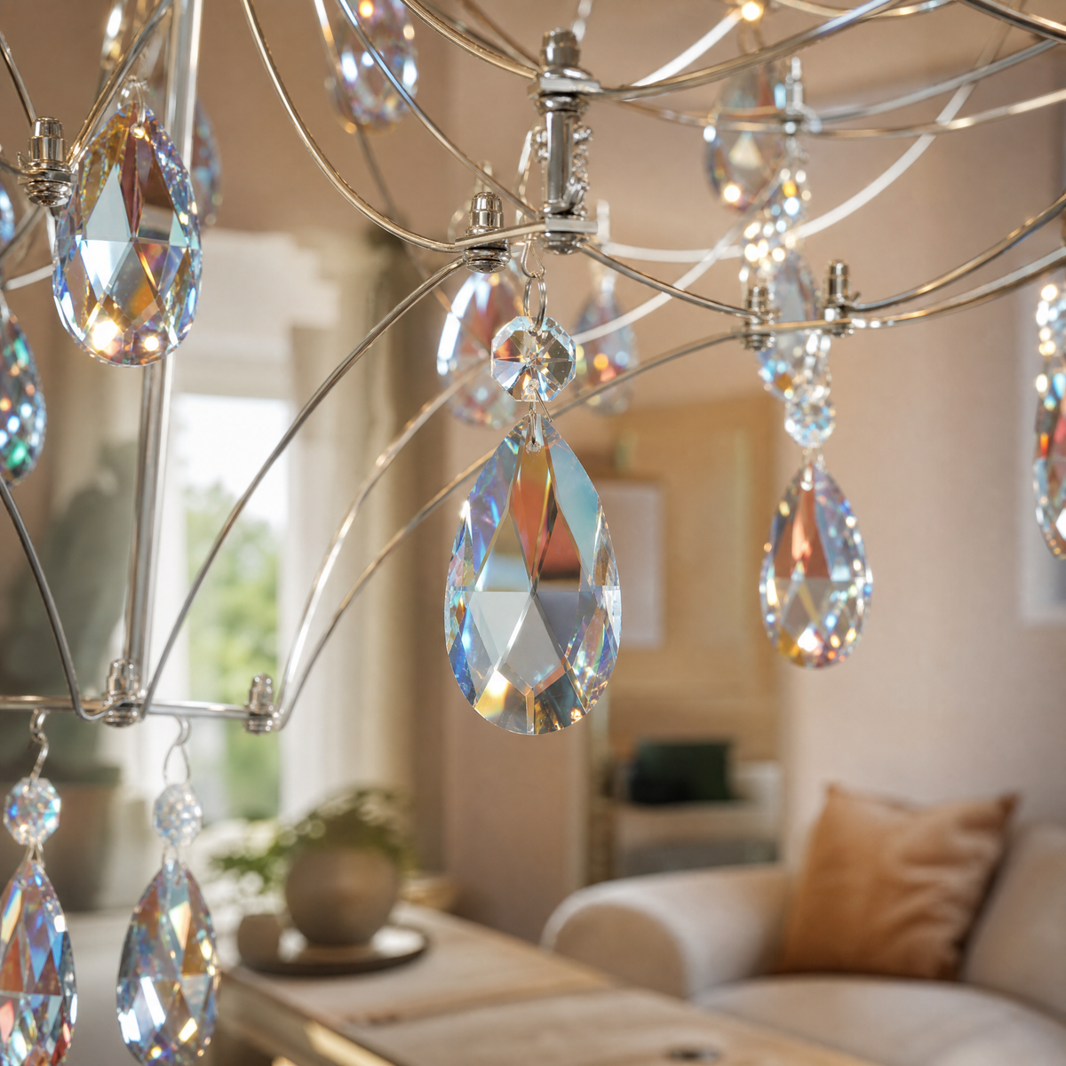 D800 Light Cube Crystal Round Pendant - Stainless Steel Color