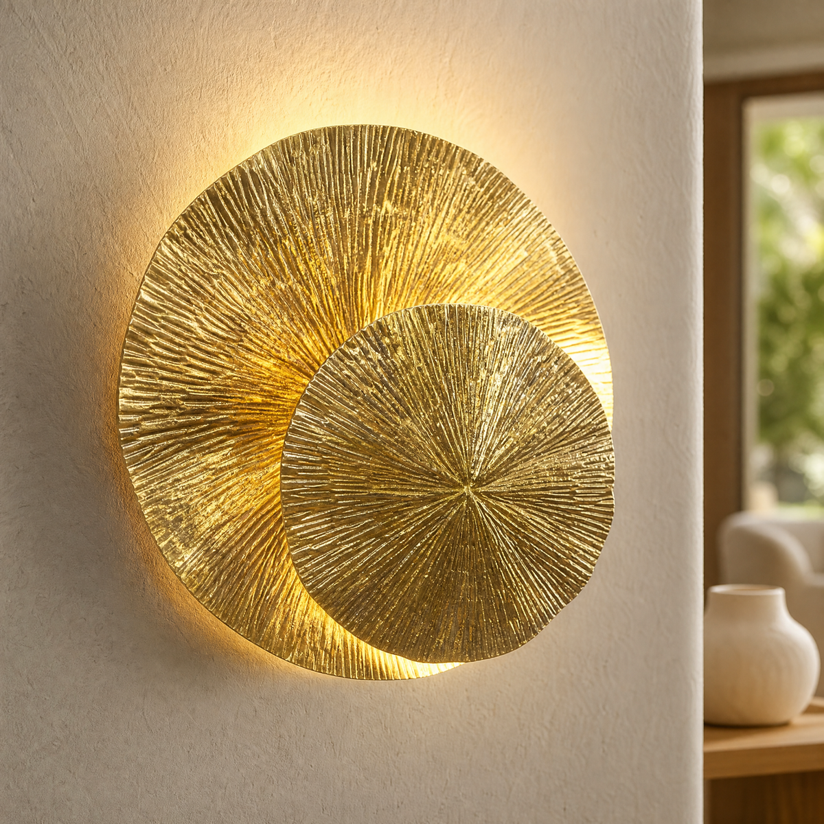 A contemporary wall sconce made of two overlapping metal discs with a textured sunburst pattern in a warm brass finish.