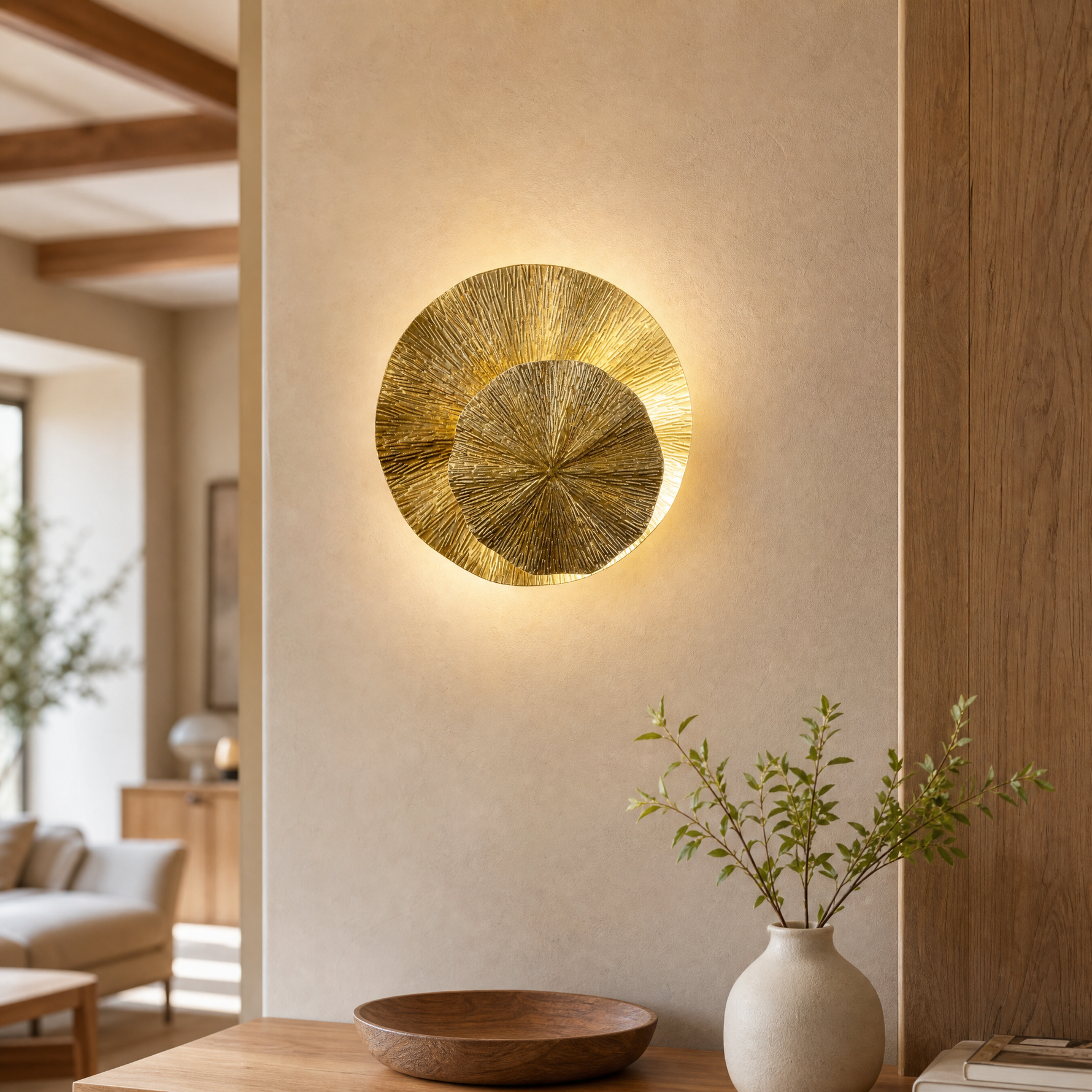 A contemporary wall sconce made of two overlapping metal discs with a textured sunburst pattern in a warm brass finish.