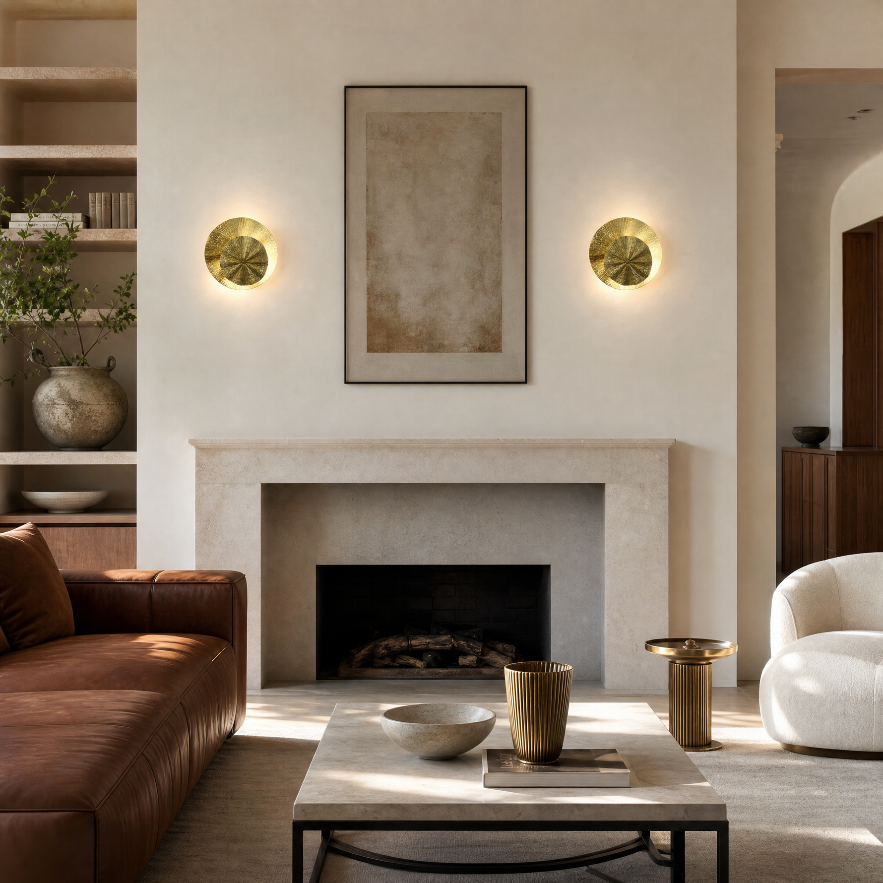 A contemporary wall sconce made of two overlapping metal discs with a textured sunburst pattern in a warm brass finish.