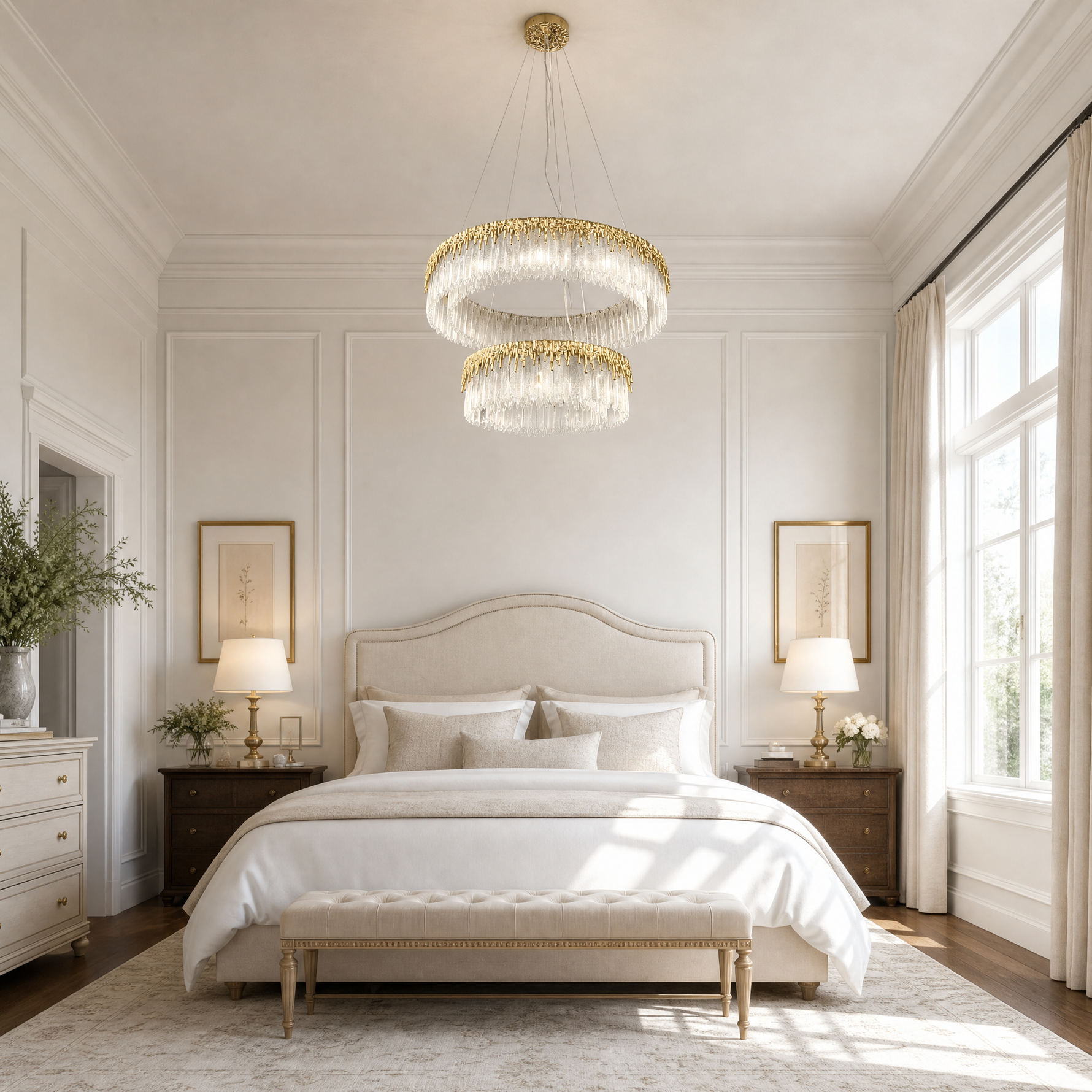 A double-tier chandelier with icicle-style textured crystal drops and a satin warm gold metal band.