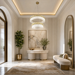 A double-tier chandelier with icicle-style textured crystal drops and a satin warm gold metal band.