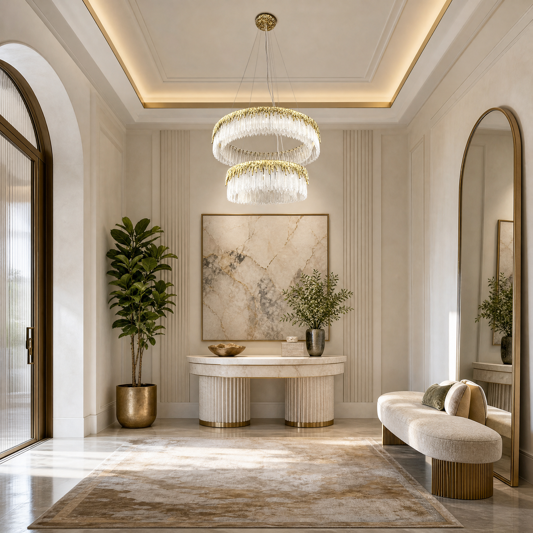 A double-tier chandelier with icicle-style textured crystal drops and a satin warm gold metal band.