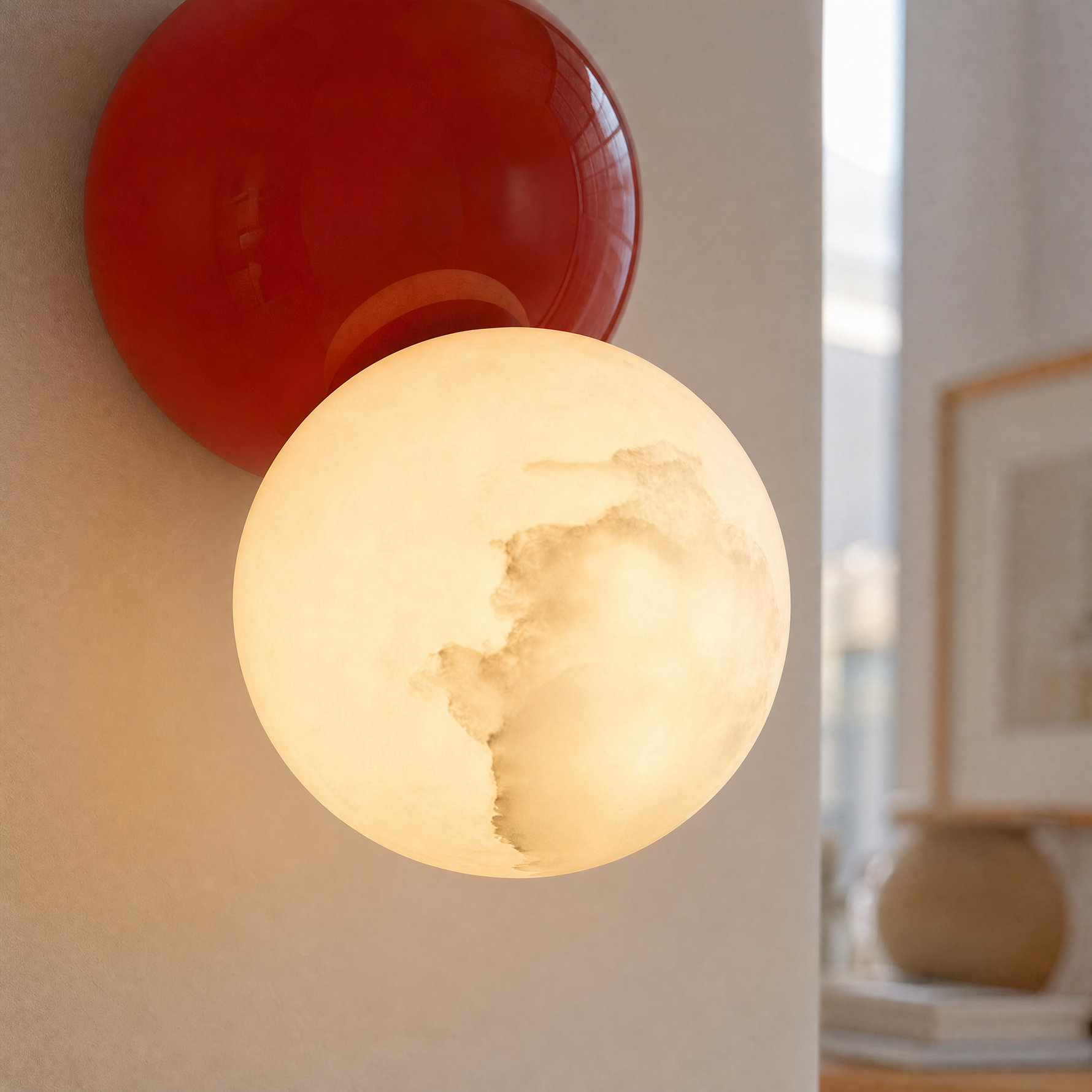 Duo Sphere Crimson Eclipse Alabaster Wall Sconce