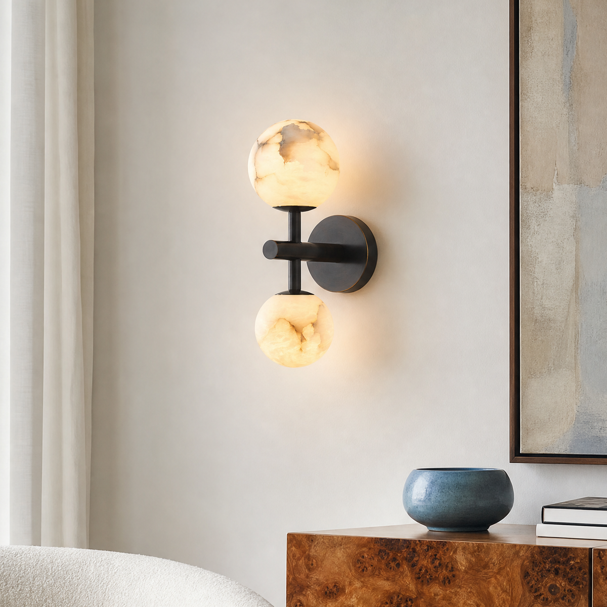 Duo Sphere Twin Globe Alabaster Wall Sconce