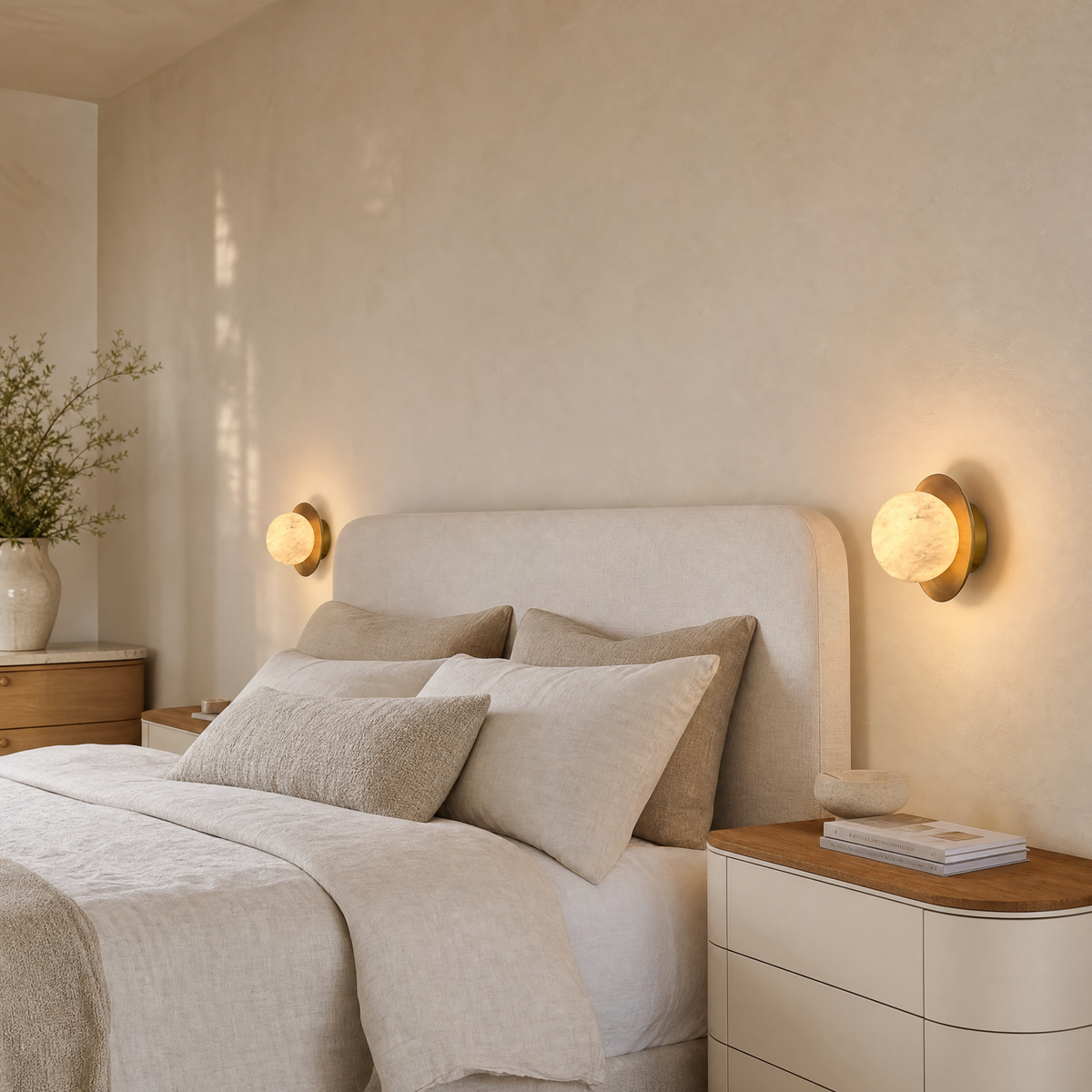 Eclipse Orb Curved Brass Disc Alabaster Wall Sconce