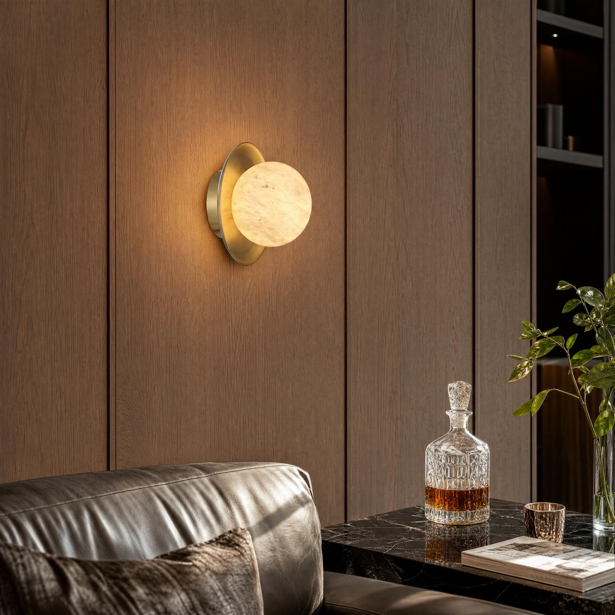 Eclipse Orb Curved Brass Disc Alabaster Wall Sconce