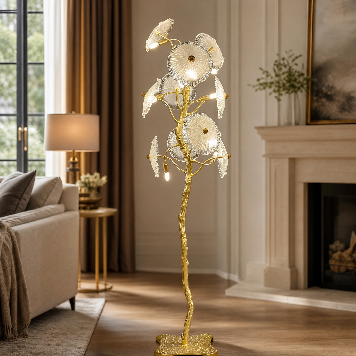 A Yiosi floor lamp with a gold brass organic branch stem and clear fluted glass flower petal shades.