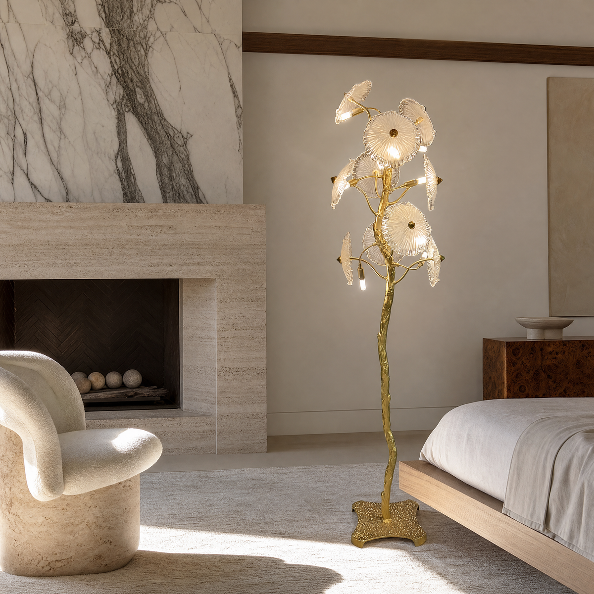 A Yiosi floor lamp with a gold brass organic branch stem and clear fluted glass flower petal shades.