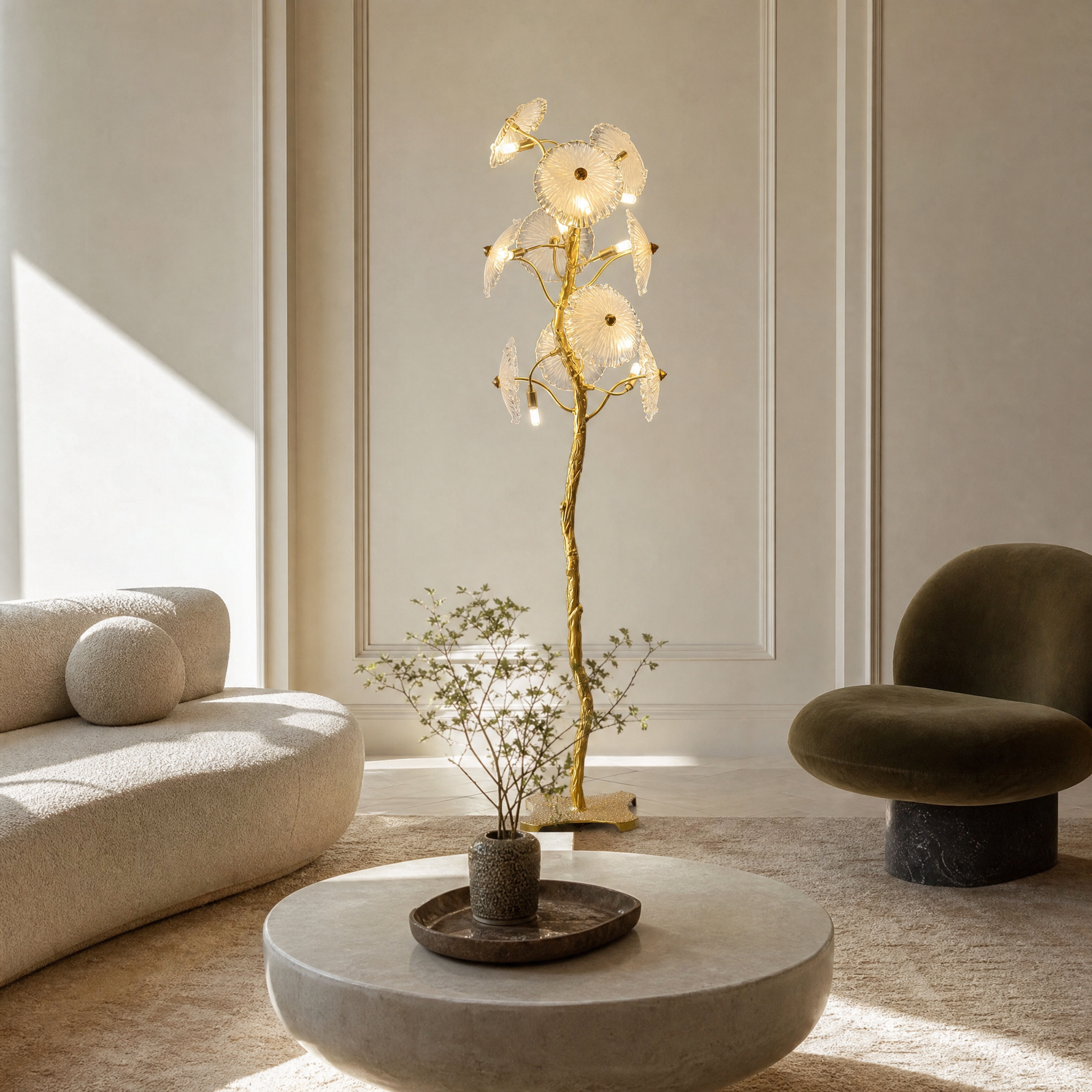 A Yiosi floor lamp with a gold brass organic branch stem and clear fluted glass flower petal shades.