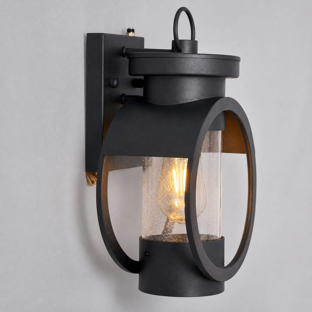 Farmhouse Black Iron Seeded Glass Outdoor Wall Lantern