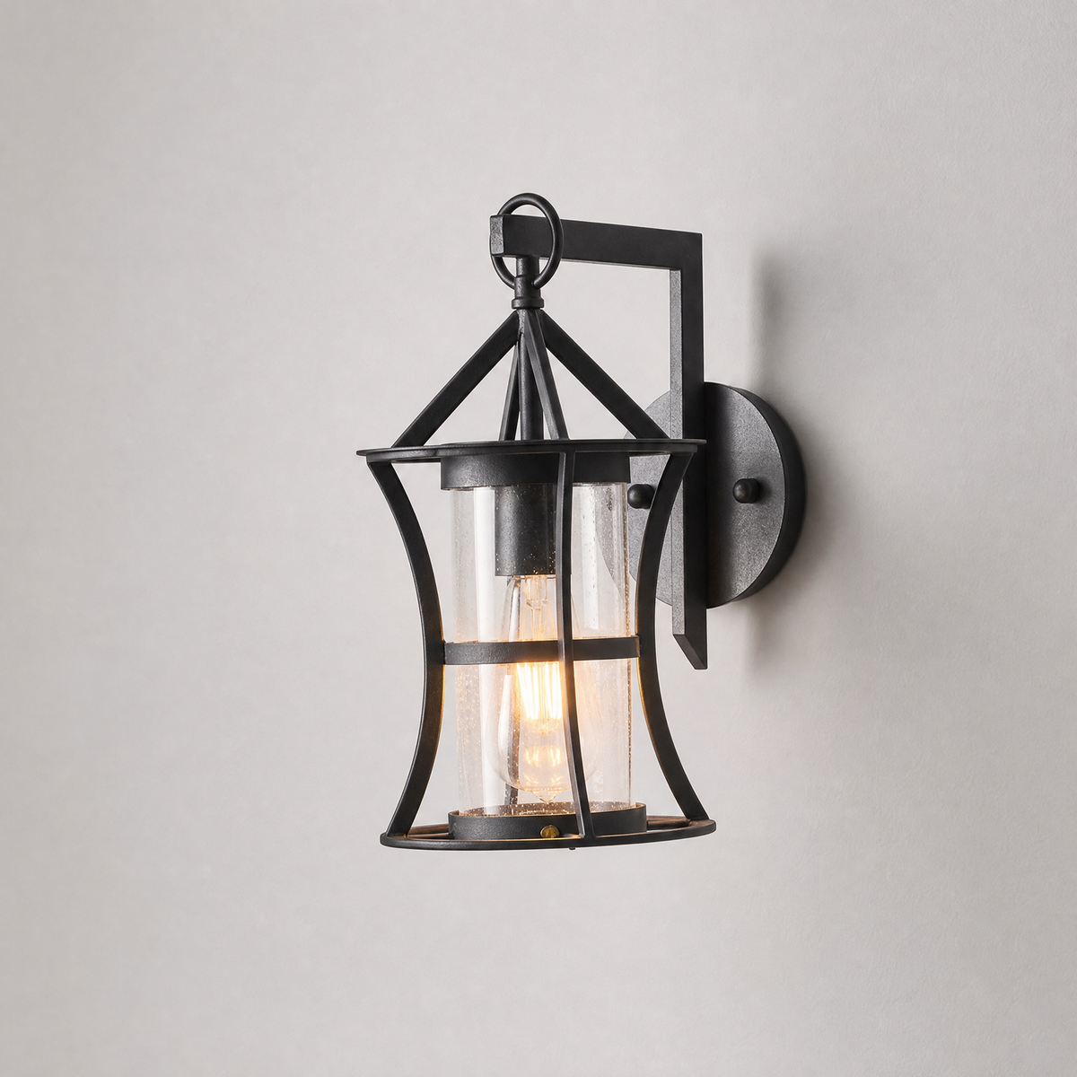 Farmhouse Matte Black Iron and Seeded Glass Outdoor Wall Lantern