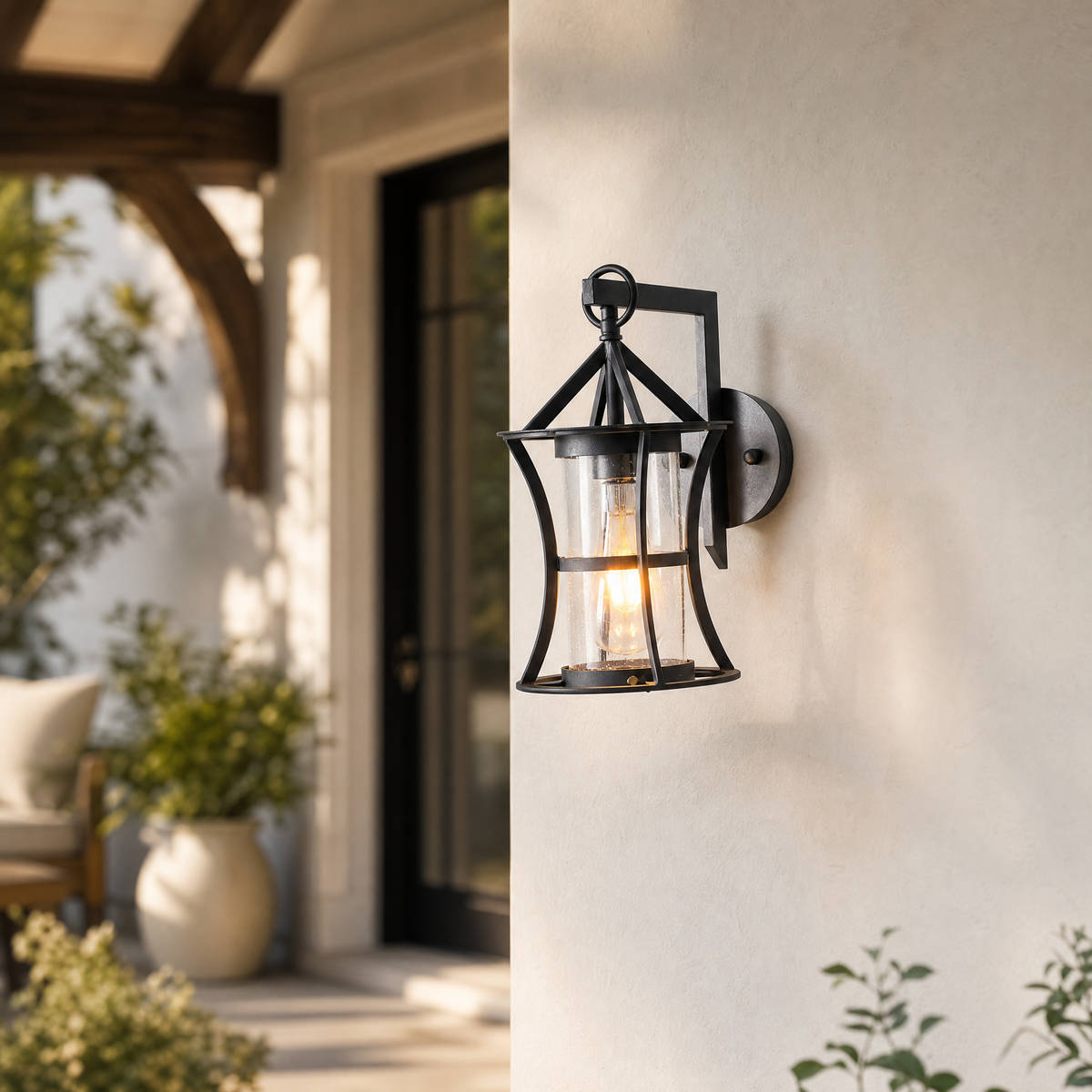 Farmhouse Matte Black Iron and Seeded Glass Outdoor Wall Lantern