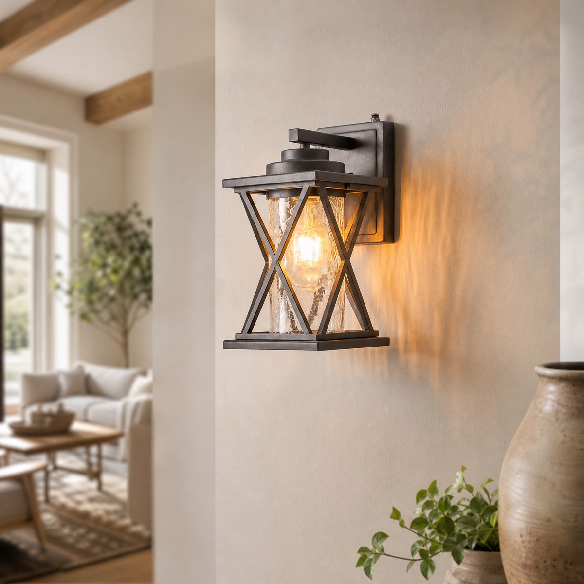 Farmhouse Matte Black Metal and Glass Outdoor Wall Lantern