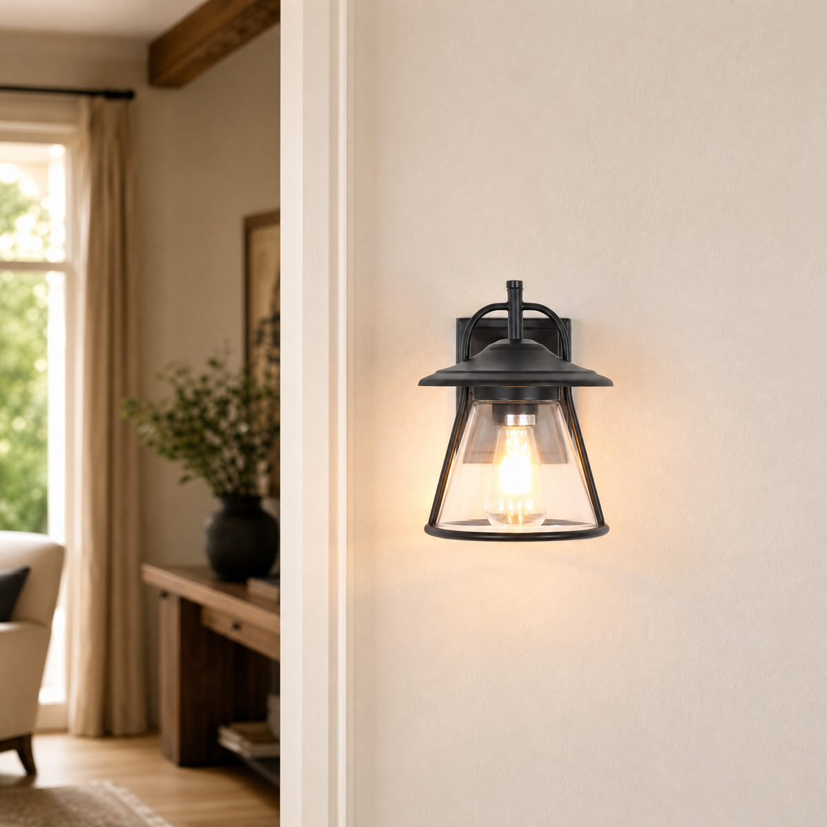 Farmhouse Matte Black Steel Outdoor Wall Lantern with Clear Glass