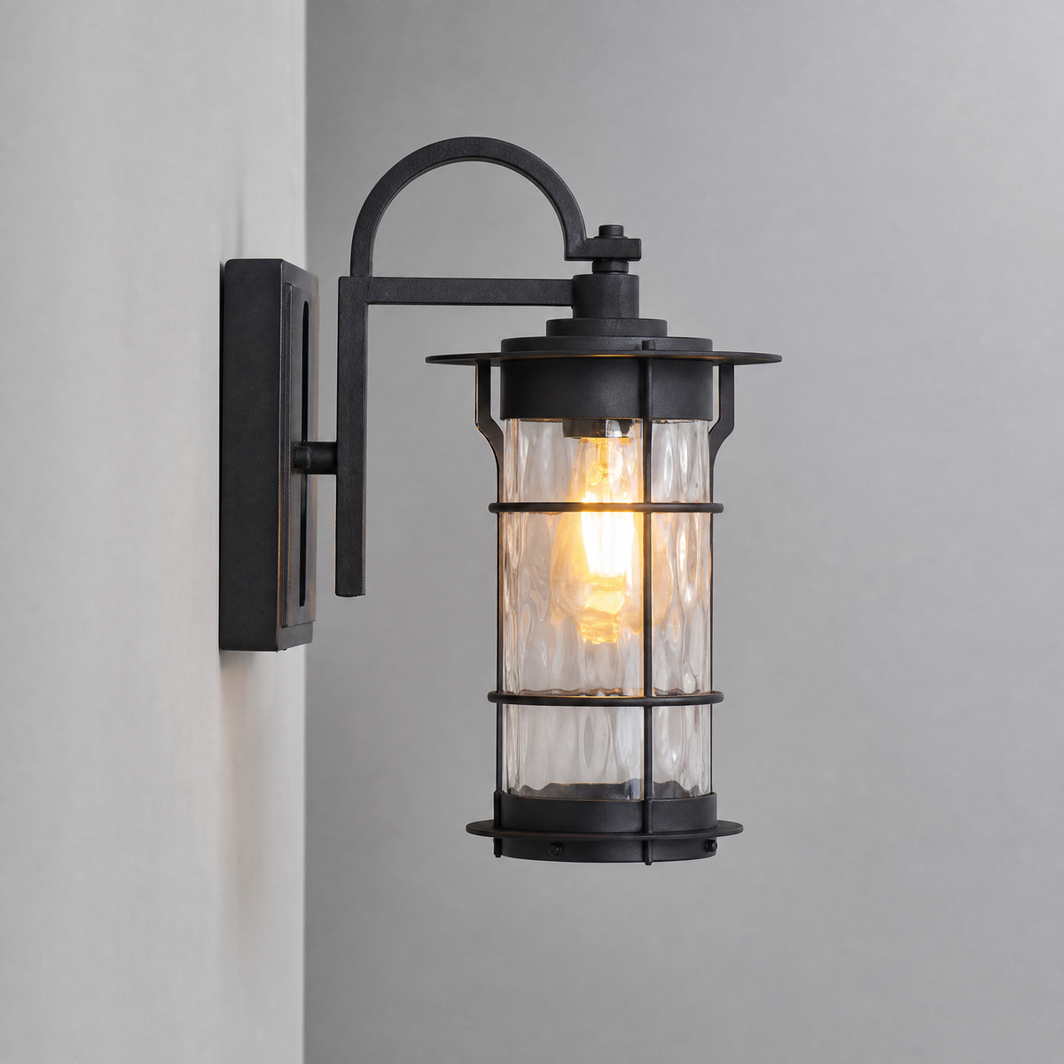Farmhouse Matte Black Steel Outdoor Wall Lantern with Textured Glass