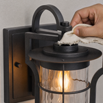 Farmhouse Matte Black Steel Outdoor Wall Lantern with Textured Glass