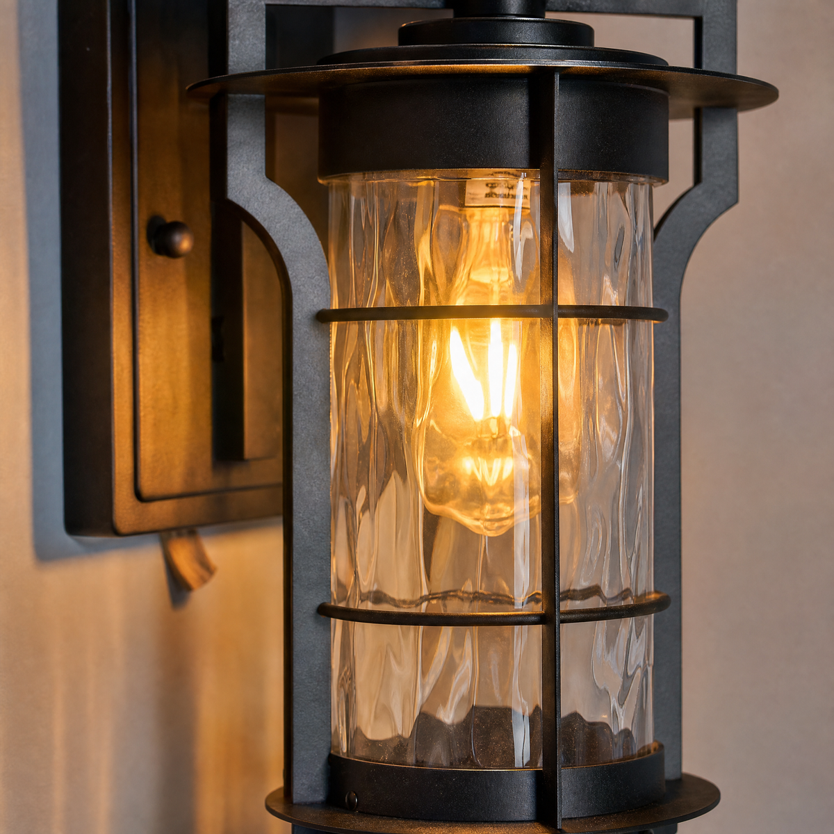 Farmhouse Matte Black Steel Outdoor Wall Lantern with Textured Glass