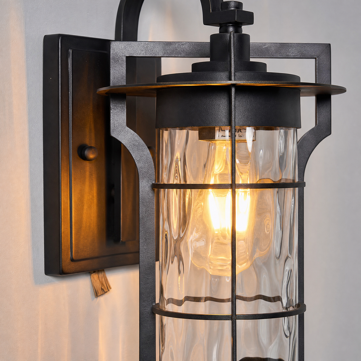 Farmhouse Matte Black Steel Outdoor Wall Lantern with Textured Glass