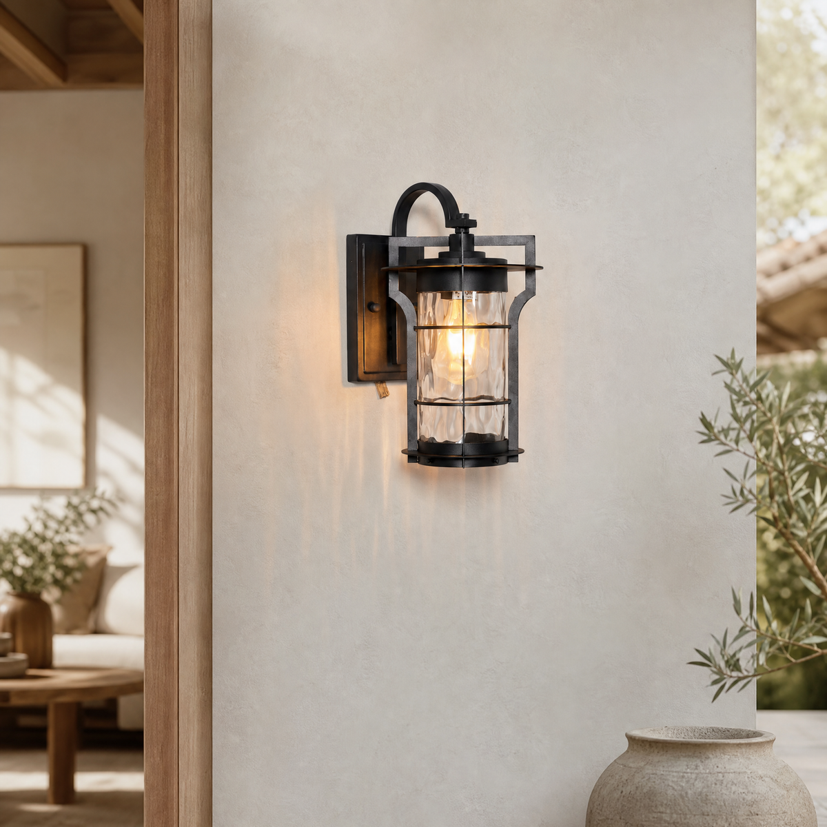 Farmhouse Matte Black Steel Outdoor Wall Lantern with Textured Glass