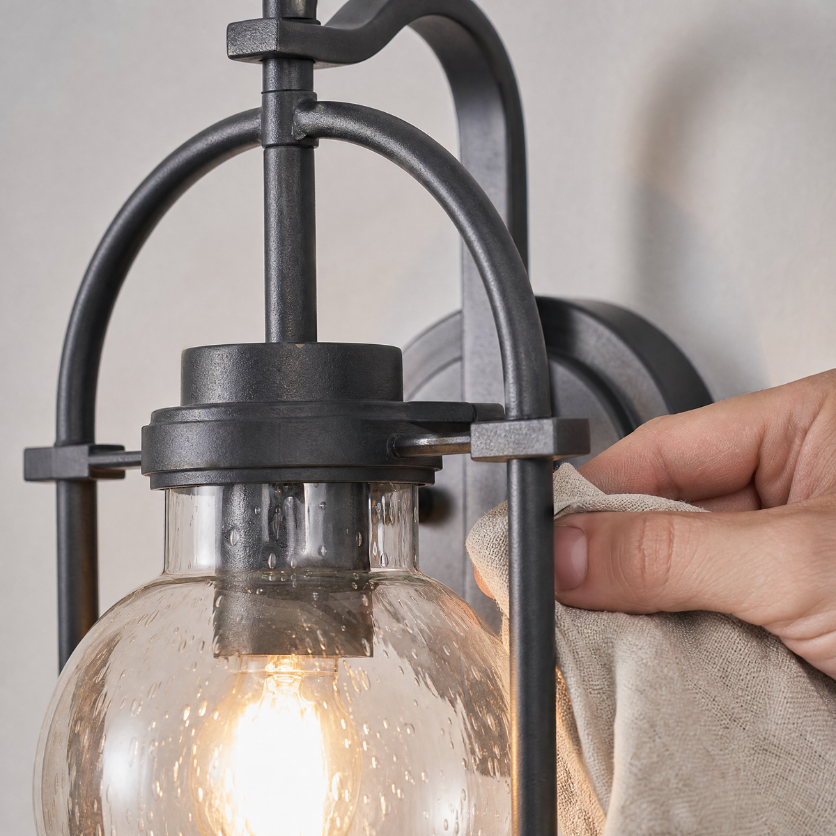 Farmhouse Matte Black Steel Seeded Glass Globe Wall Sconce