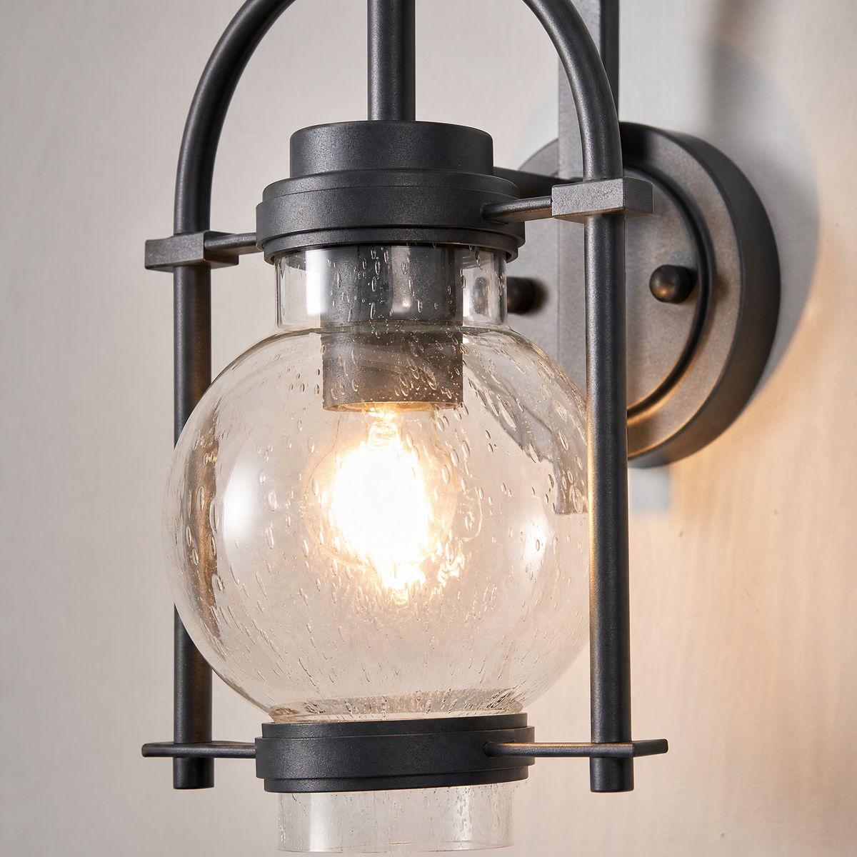 Farmhouse Matte Black Steel Seeded Glass Globe Wall Sconce