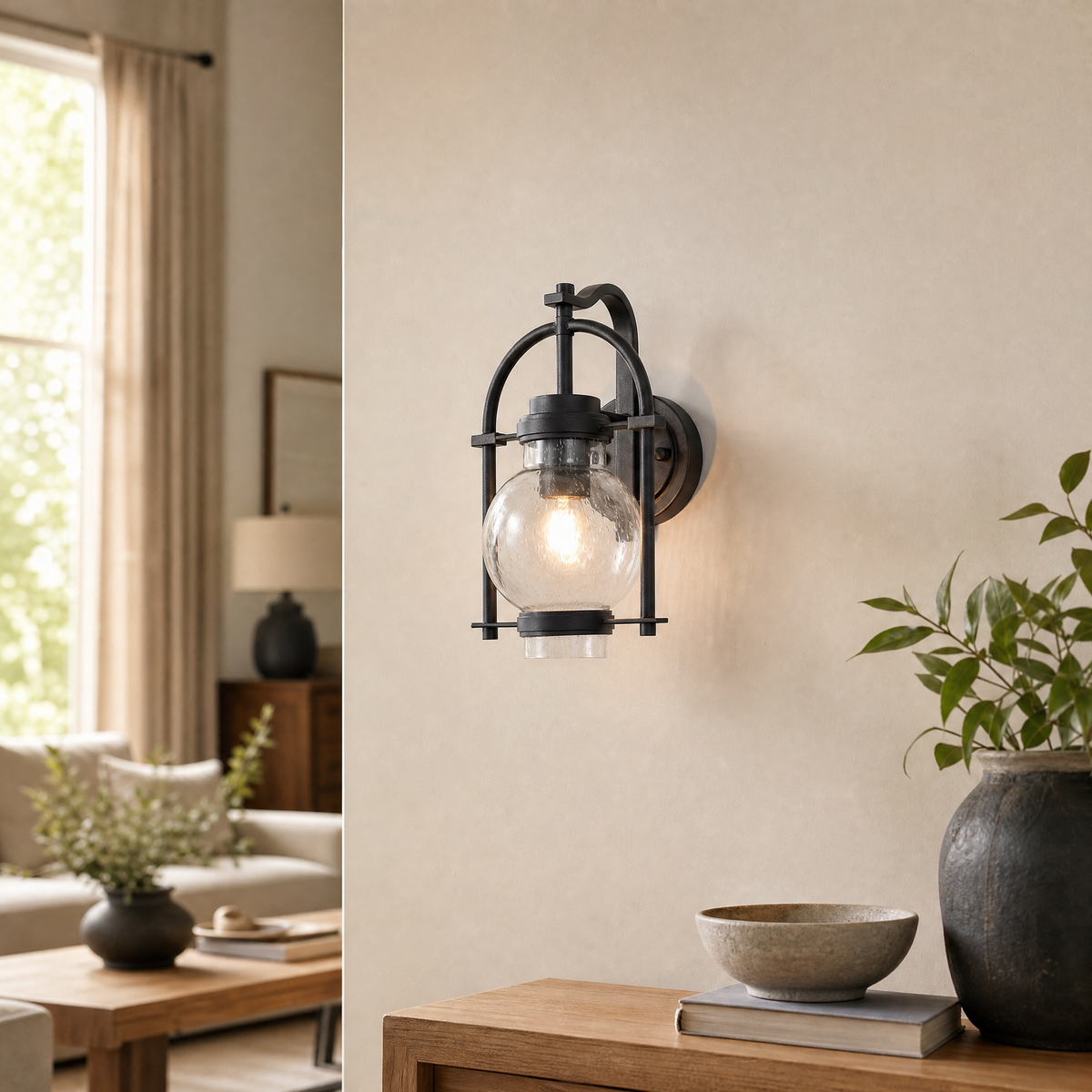 Farmhouse Matte Black Steel Seeded Glass Globe Wall Sconce