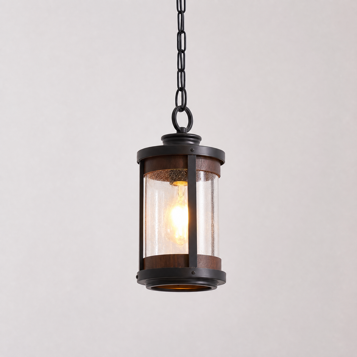 Farmhouse Matte Black Wood Grain Seeded Glass Chain Pendant