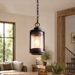 Farmhouse Matte Black Wood Grain Seeded Glass Chain Pendant
